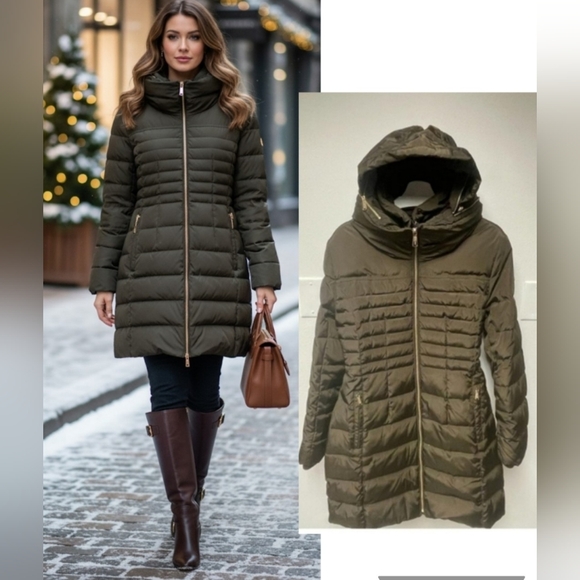 Michael Kors Coat Jacket Puffer Hood Hood Detachable Chocolate Brown Gold Size L - Picture 1 of 16